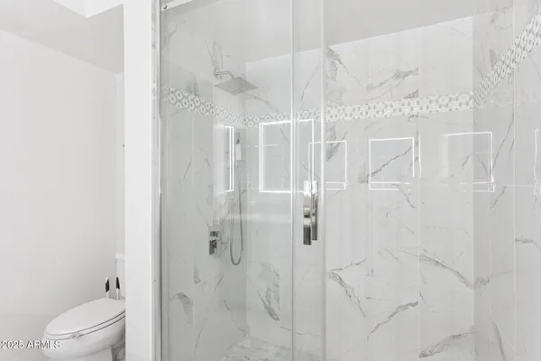 a bathroom with a shower and toilet