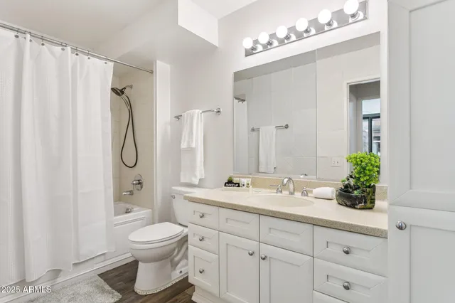 a bathroom with a sink vanity mirror and toilet