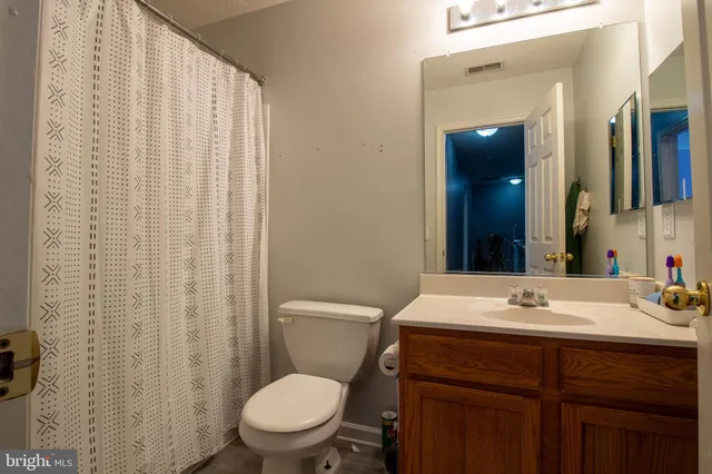 a bathroom with a sink a toilet and shower curtain
