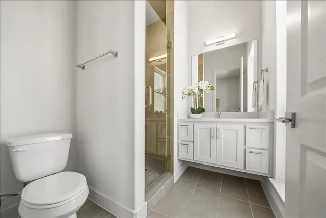 a bathroom with a toilet a sink a mirror and vanity