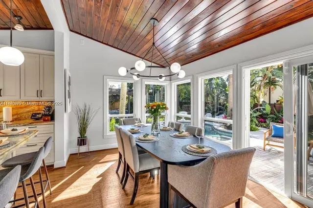 a view of a dining room with furniture large windows and wooden floor
