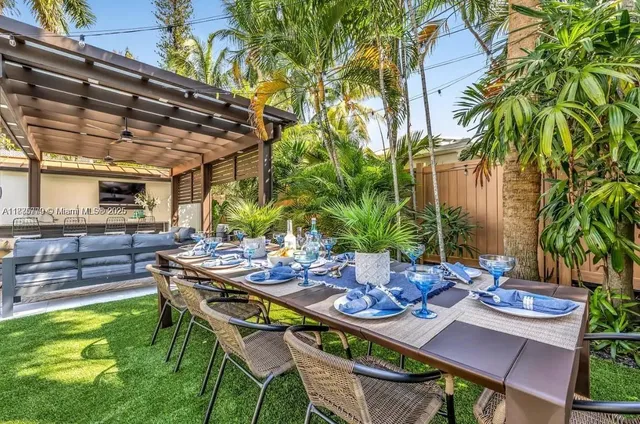 a view of a house with a yard and sitting area