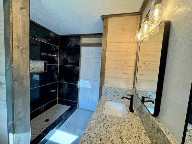 a bathroom with a granite countertop sink a mirror and shower
