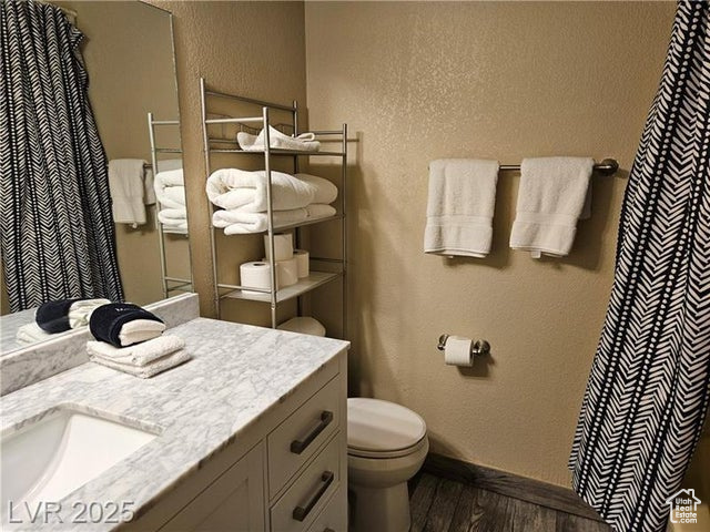 223 Hunter Ridge Drive, Unit E121 Brian Head, UT 84719 - Photo 7 of 35 Full bathroom featuring wood finished floors, vanity, a textured wall, and curtained shower