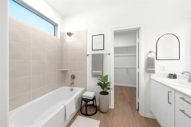 a bathroom with a tub a potted plant and a sink