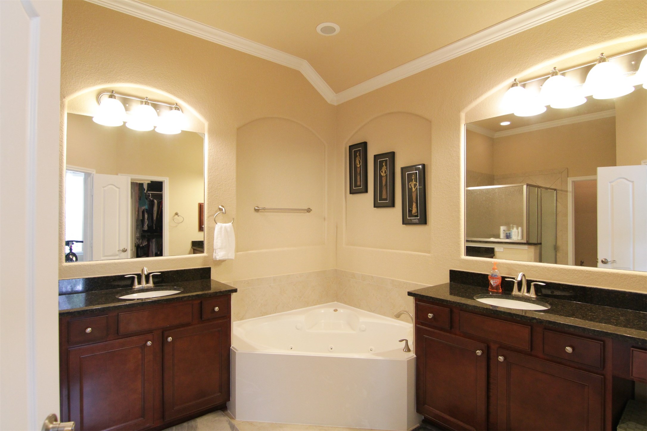 1423 Ralston Branch Way Sugar Land, TX 77479 - Photo 23 of 43 primary bath with double, undermounted sinks; knee space at right vanity; whirlpool tub in between; more art niches