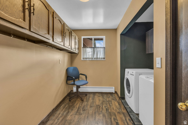 10705 Green Ridge Drive Sandy, UT 84070 - Photo 21 of 55 Laundry room with dark wood-style floors, baseboard heating, cabinet space, and washer and dryer