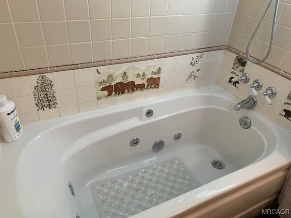 a bathroom with a bathtub and shower