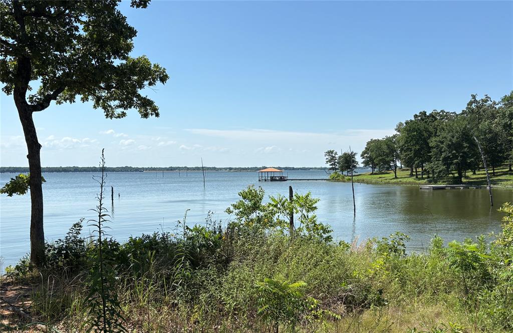 a view of a lake with houses in the back