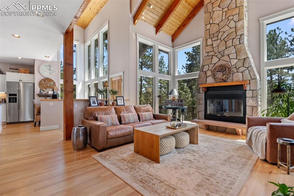 5090 South Perry Park Road Sedalia, CO 80135 - Photo 6 of 50 a living room with furniture a fireplace and a floor to ceiling window