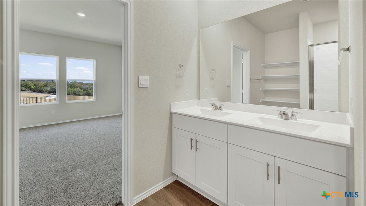 521 Hodges Street Lockhart, TX 78644 - Photo 23 of 40 a bathroom with a double vanity sink and mirror