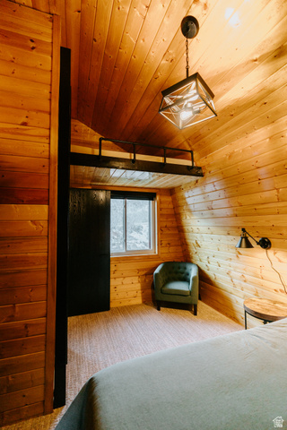 1413 Basel Drive Midway, UT 84049 - Photo 62 of 137 Carpeted bedroom with wood walls and a vaulted wood ceiling