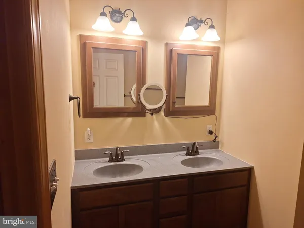 a bathroom with a double vanity sink and a mirror