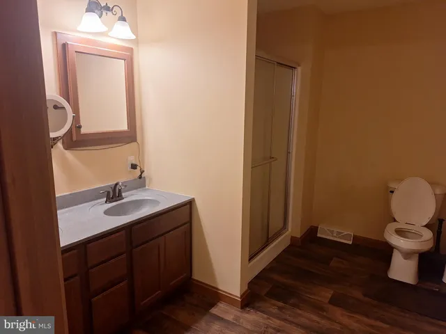 a bathroom with a sink a toilet and mirror