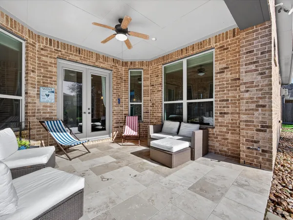 a building outdoor space with patio furniture