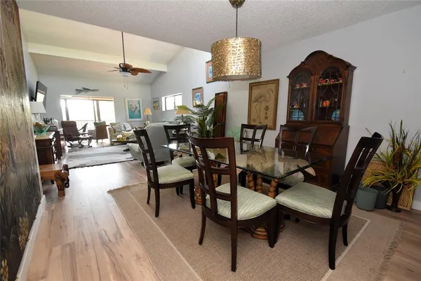 a view of a dining room with furniture
