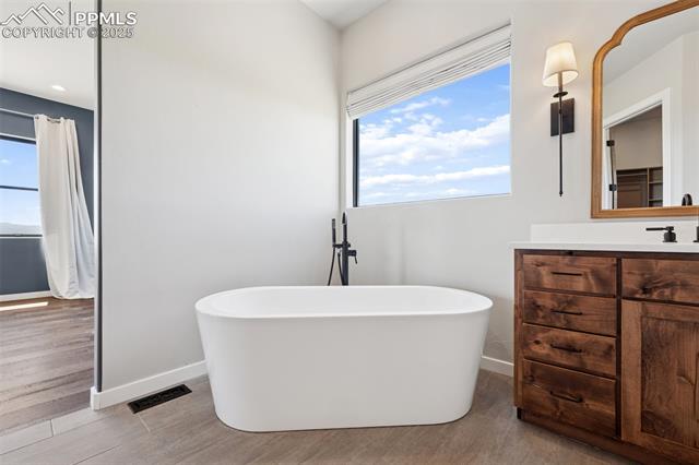 24365 Murphy Road Calhan, CO 80808 - Photo 24 of 48 Bathroom with wood finished floors, vanity, and a freestanding tub