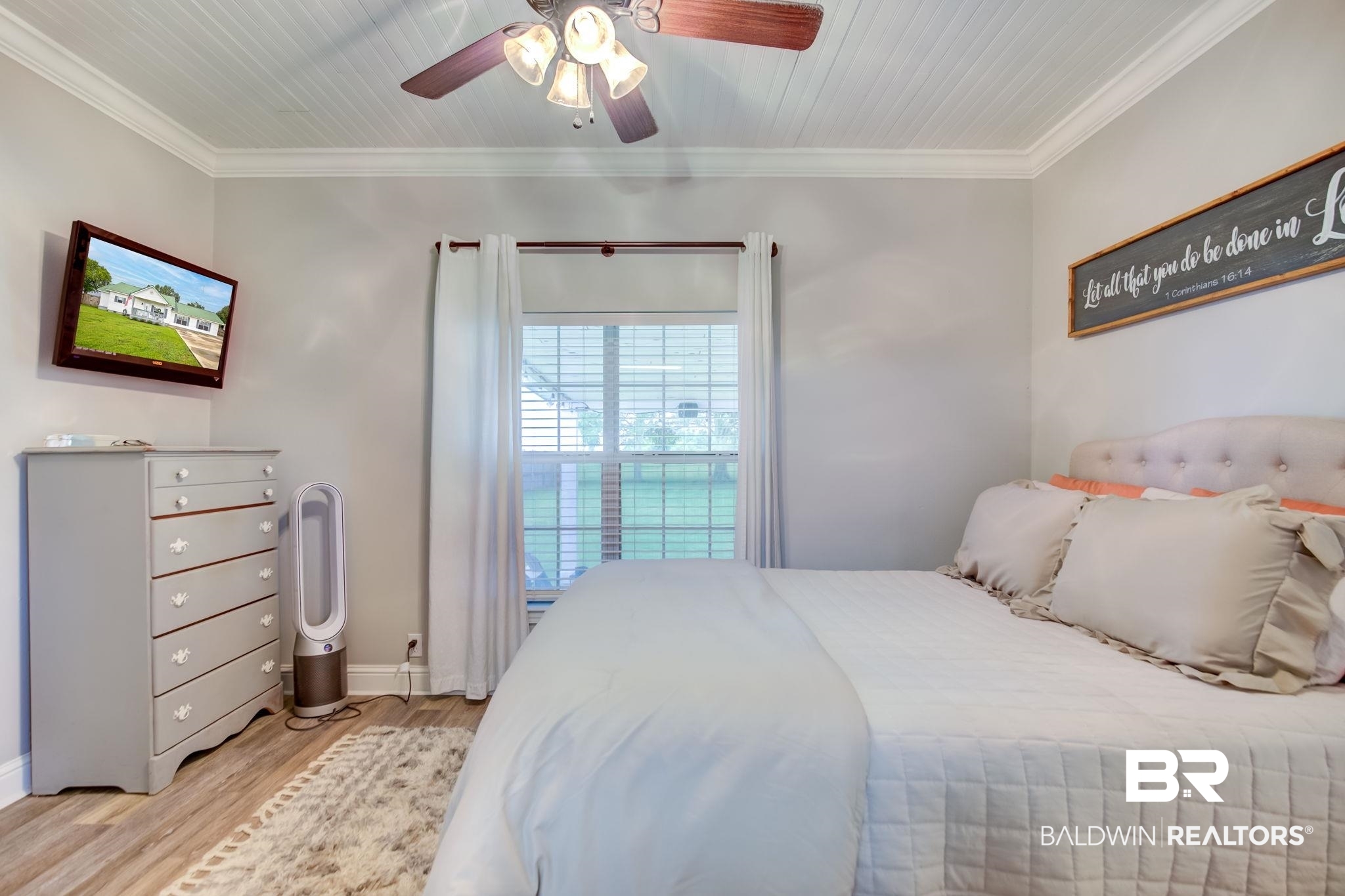 18732 Fairground Road Robertsdale, AL 36567 - Photo 22 of 46 Bedroom featuring ornamental molding, light wood-type flooring, and ceiling fan