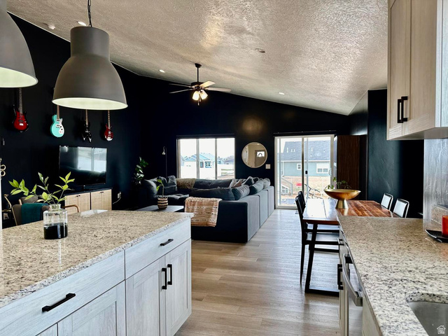4349 Half Mile Road East Enoch, UT 84721 - Photo 35 of 36 Kitchen featuring light stone countertops, open floor plan, light wood finished floors, a ceiling fan, and stainless steel dishwasher