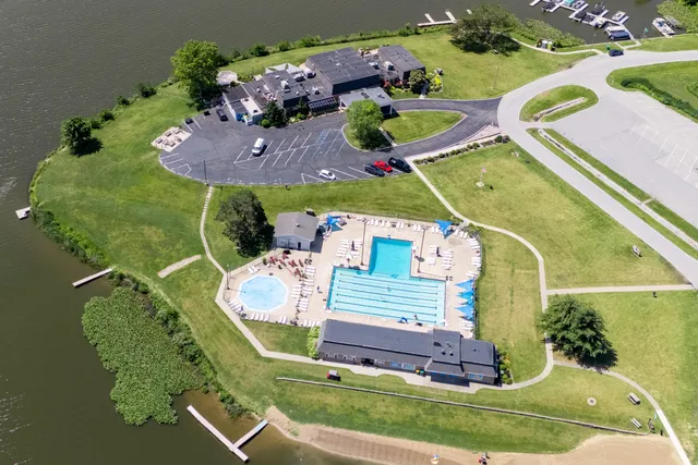 an aerial view of a swimming pool