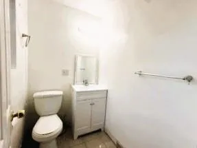a bathroom with a toilet a sink and mirror