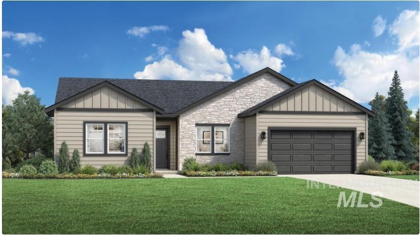 View of front of home featuring board and batten siding, stone siding, a front yard, an attached garage, and concrete driveway