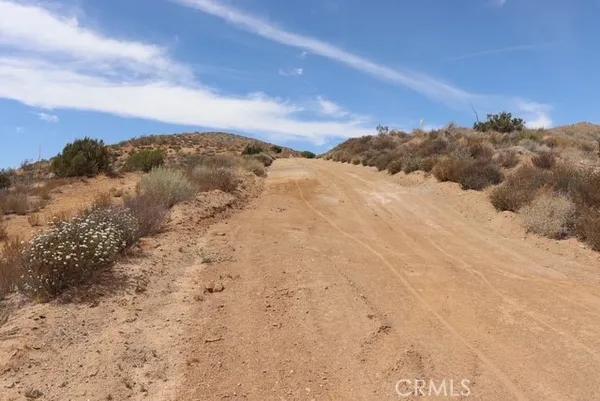 a view of a dry yard with mountains in the background