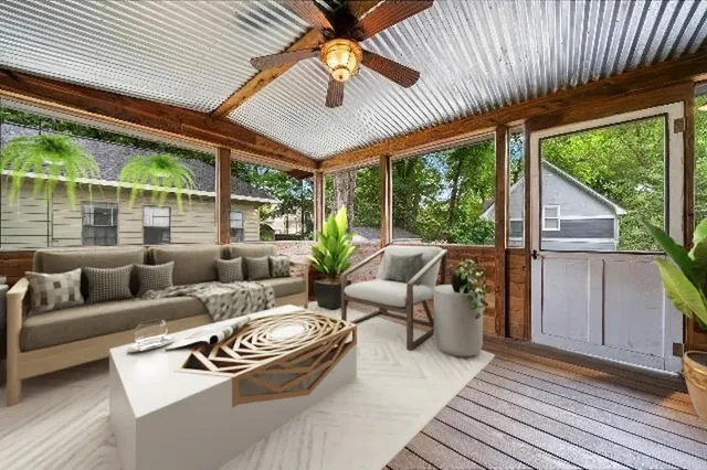 a view of balcony with deck and wooden floor