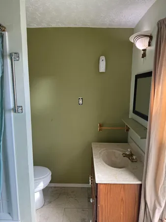 a bathroom with a toilet sink and mirror