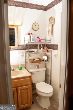 a bathroom with a toilet sink vanity and mirror
