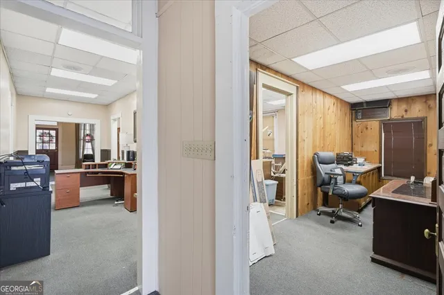 a view of a city with lawn chairs