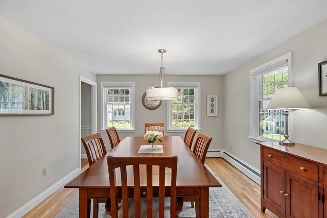 a view of a dining room with furniture window and wooden floor