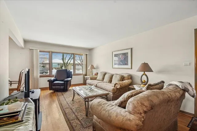 a living room with furniture a rug potted plant and a large window