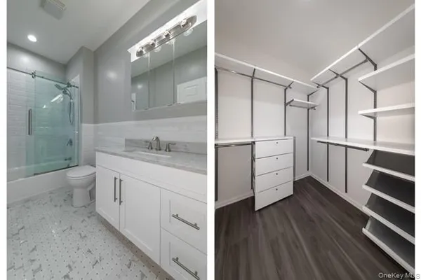 a bathroom with a granite countertop sink mirror and toilet