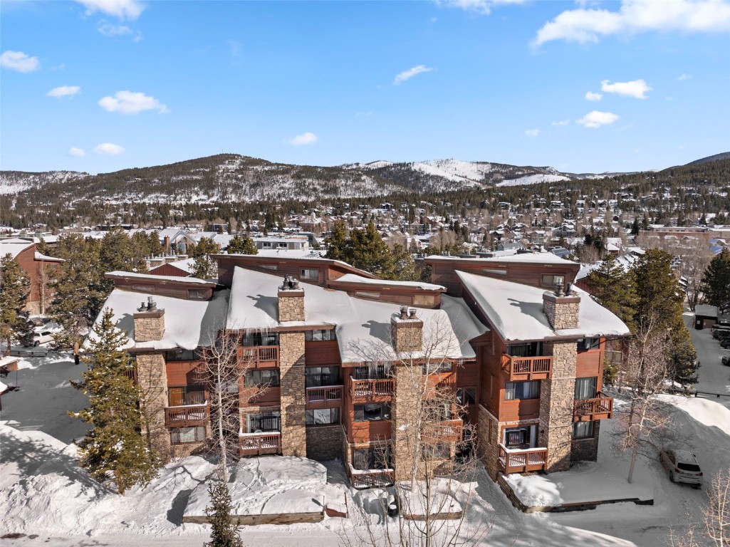Snowy aerial view of Pine Ridge Condominiums