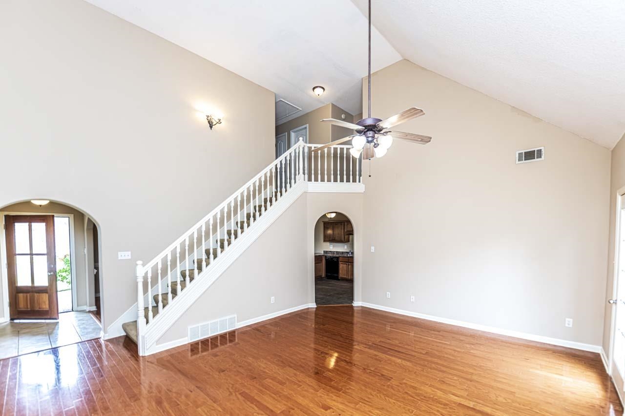 260 Terry Road Oakland, TN 38068 - Photo 8 of 33 Interior space featuring high vaulted ceiling, ceiling fan, and hardwood / wood-style flooring