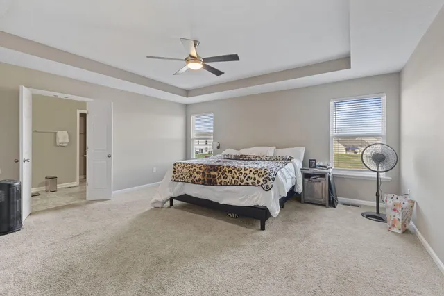 a bedroom with a bed and a ceiling fan