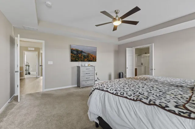 a bedroom with a bed and ceiling fan