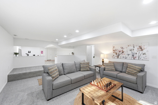 1816 River Bottom Road Springville, UT 84663 - Photo 20 of 37 Spacious living area featuring light gray carpeting, recessed lighting, white walls, and a multi-level design