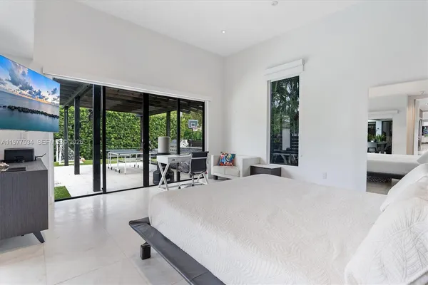 a large bedroom with a large bed and large windows