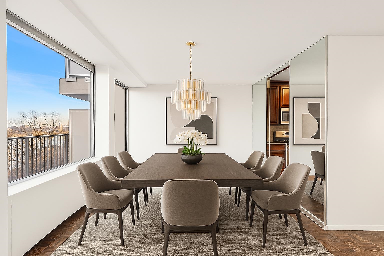 3 Horizon Road, Unit G11 Fort Lee, NJ 07024 - Photo 3 of 25 a dining room with furniture a chandelier and wooden floor