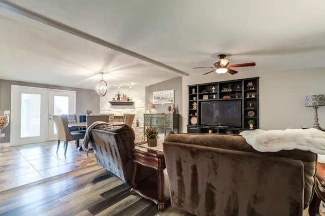 a view of a dining room with furniture