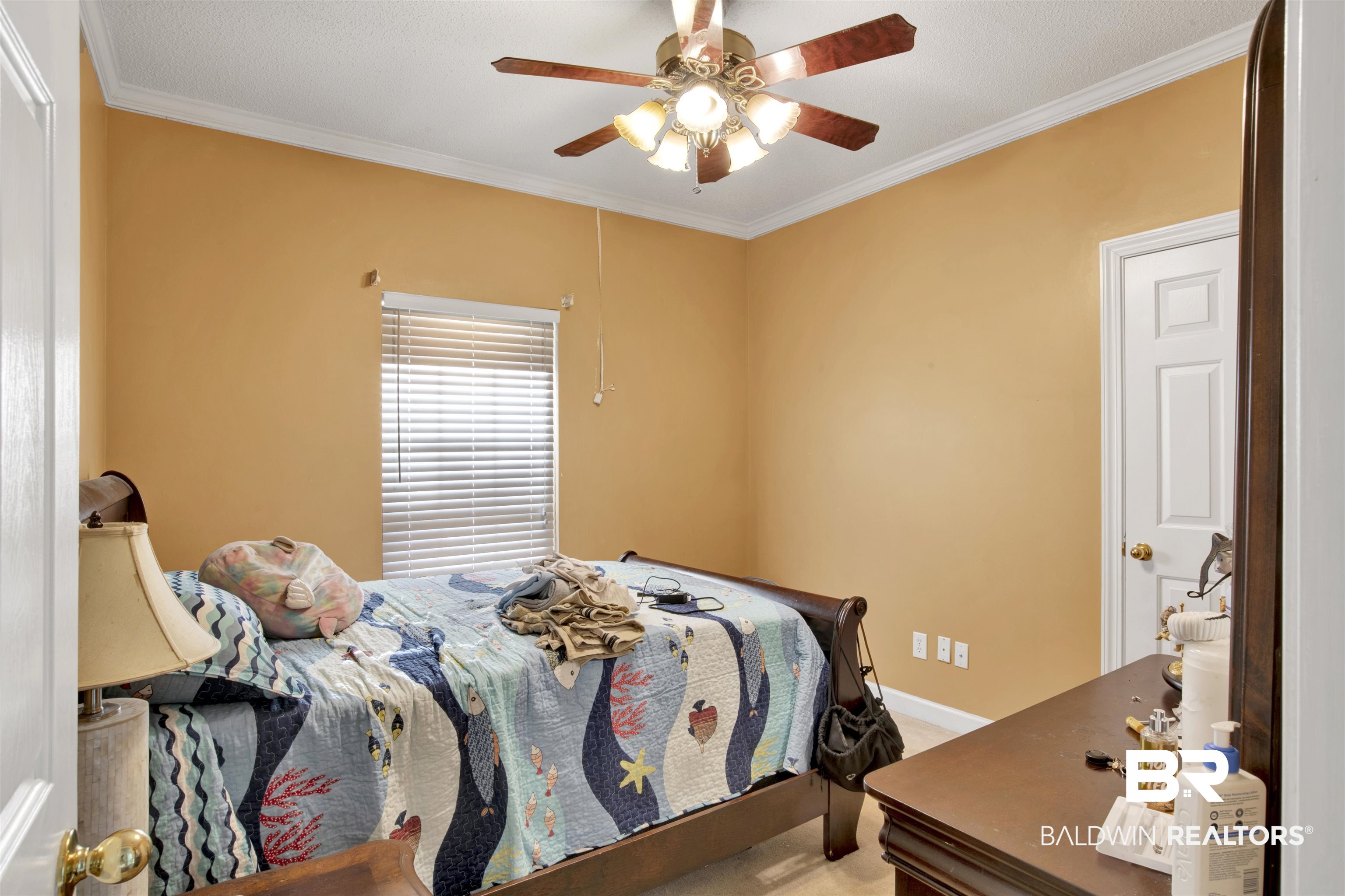445 Wedgefield Drive South Mobile, AL 36608 - Photo 15 of 36 Bedroom with carpet flooring, ceiling fan, and ornamental molding