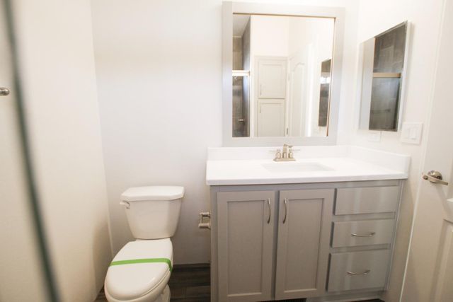 a bathroom with a toilet a sink and a mirror