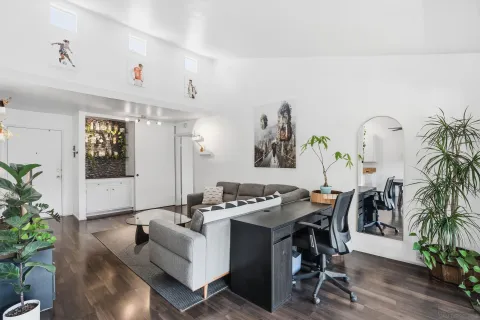 a living room with furniture a potted plant and a table