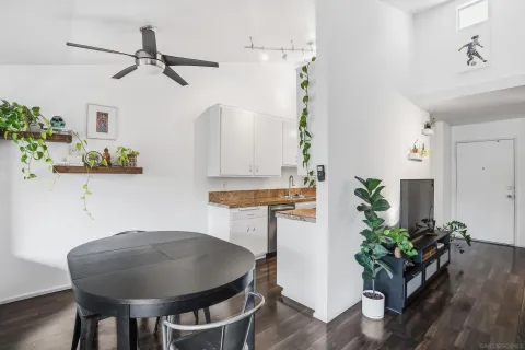 a workspace with furniture and wooden floor