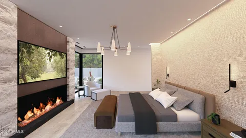 a bedroom with a bed and a painting on the wall