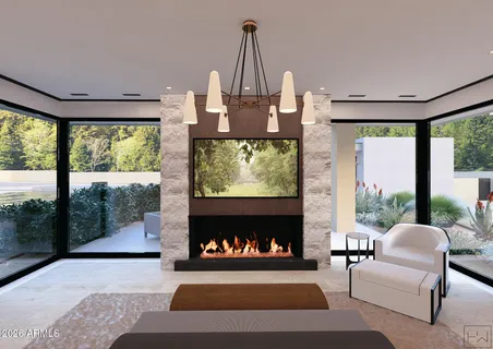 a living room with furniture fireplace and flat screen tv