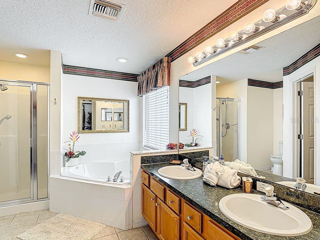955 Lake Berkley Drive Kissimmee, FL 34746 - Photo 21 of 57 a bathroom with a granite countertop tub sink and mirror