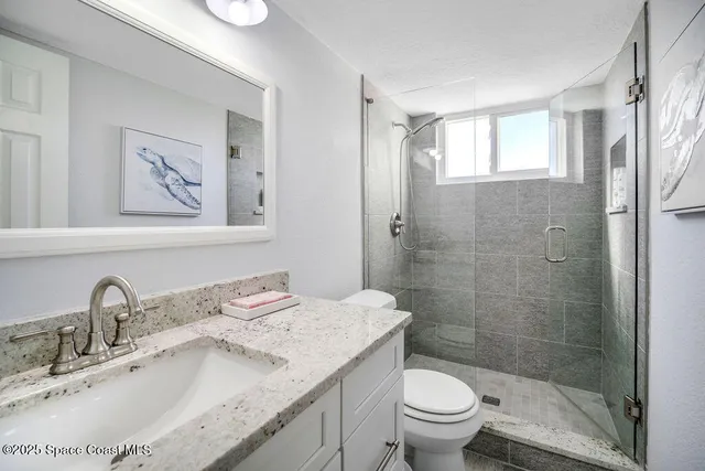 a bathroom with a granite countertop sink a toilet and a mirror